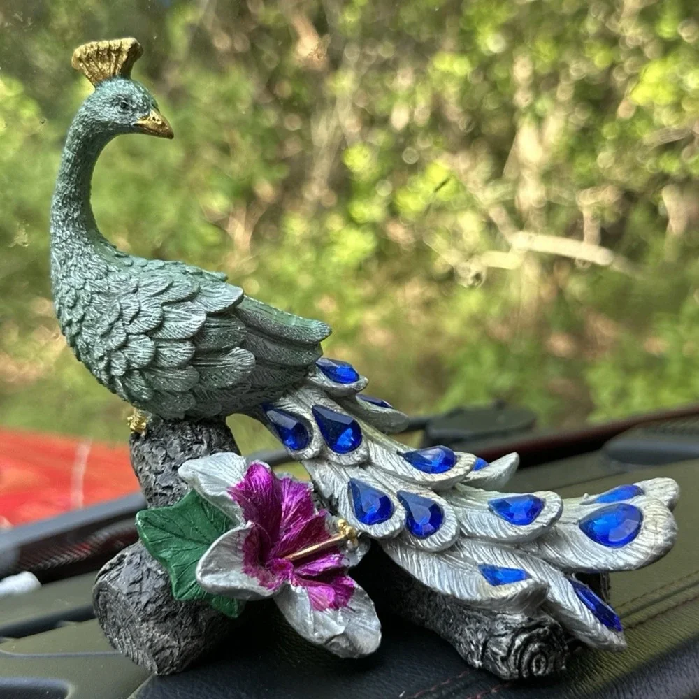 Peacock Figurine Resin Bird Statue Blue Jewel Tail Floral Branch Decor 5.5